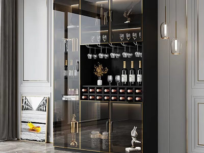 Elegant Modern Wine Cabinet With Glass Door Wine Bottles Wine Glasses And Gold Accents 3d model