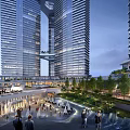 Modern Twin Tower Office Building Connected by Sky Bridge in Urban Setting With Greenery