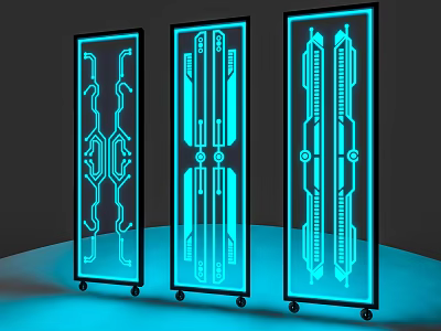 Modern Illuminated Room Dividers With Blue Light Patterns And Mobile Wheels 3d model