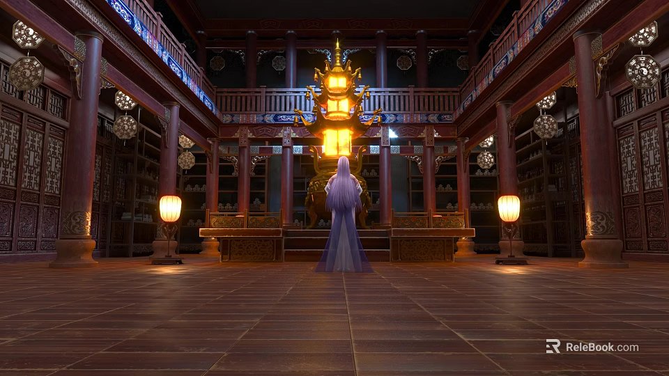 Ancient Chinese Architecture Interior With Traditional Wooden Beams And Hanging Lanterns 3d model 