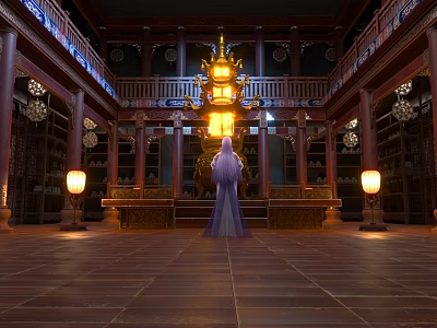 Ancient Chinese Architecture Interior With Traditional Wooden Beams And Hanging Lanterns 3d model