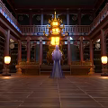 Ancient Chinese Architecture Interior With Traditional Wooden Beams And Hanging Lanterns