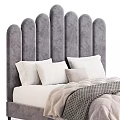 Scalloped Velvet Double Bed Gray and Pink Headboard Design With Pillows and Blankets Bedroom Interior