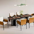 Modern Minimalist Dining Table Set With Beige Brown Chairs Tableware And Hanging Light 3d model