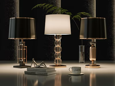 Modern Table Lamps With White Black Shades Golden Ring Base And Decorative Elements 3d model