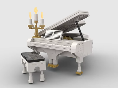 Detailed White Building Block Piano With Black Stool And Gold Candlestick 3d model