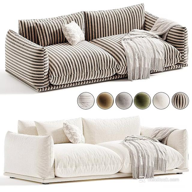 Two Seater Sofa Stripe and White Designs with Throw Pillows Blanket Multiple Color Options 3d model 