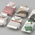 Kids Beds Featuring Various Styles With Patterned Bedding And Colorful Pillows 3d model