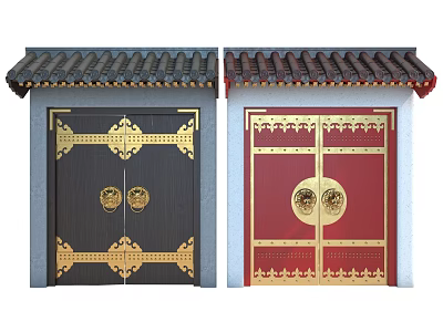 Chinese Style Entrance Gate With Black And Red Doors Golden Decorations And Tile Roof 3d model