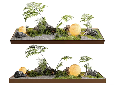 Mini Garden Decor With Fern Plants Decorative Stones Round Lights Gravel And Wooden Tray 3d model