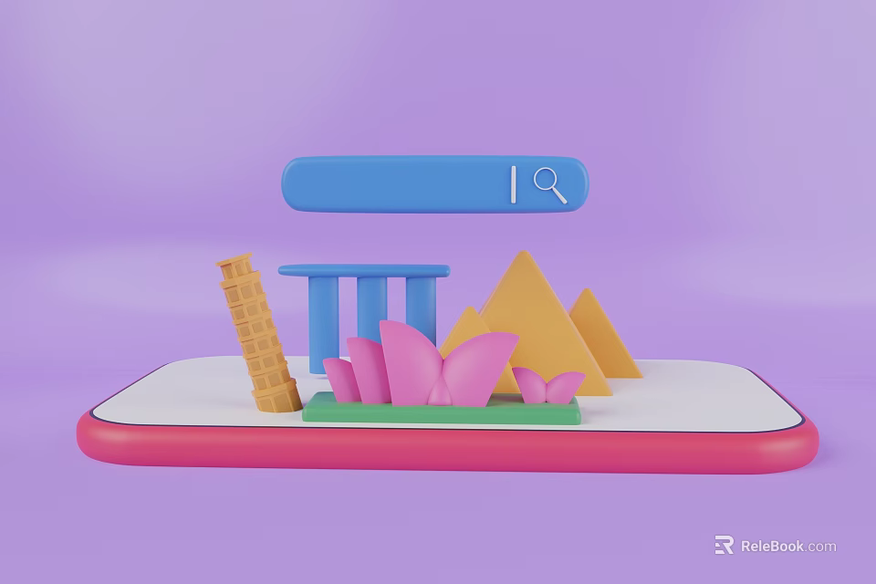 Tablet Displaying 3D Models of Famous Landmarks with Blue Search Bar 3d model 
