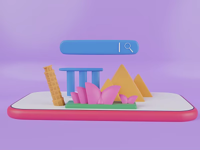 Tablet Displaying 3D Models of Famous Landmarks with Blue Search Bar 3d model