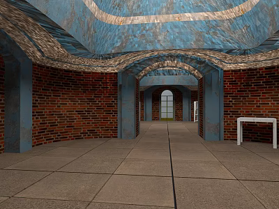 Elevator Corridor with Brick Red Walls Blue Arched Structures Gray Floor Tiles and White Table 3d model
