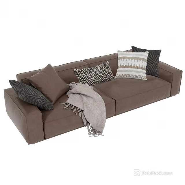 Brown Double Sofa with Multiple Decorative Pillows and Gray Throw Blanket in Living Room 3d model 
