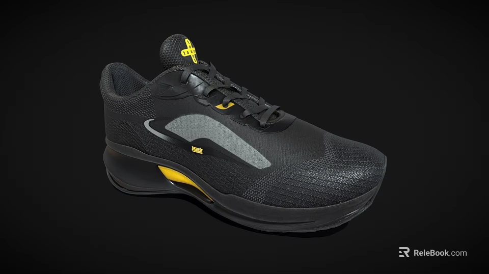 Black Sneakers With Yellow Accents Gray Panel Textured Upper And Cushioned Sole 3d model 