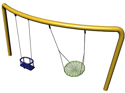 Outdoor Playground Swing Set With Yellow Frame Blue Seat And Green Net Swings For Kids 3d model