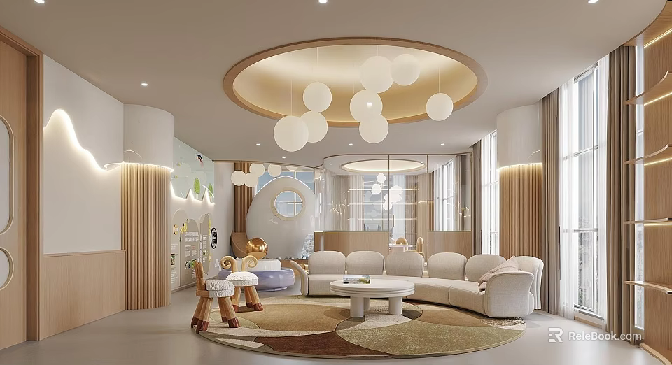 Kindergarten Interior With Circular Ceiling White Spherical Pendant Lights Soft Sofa And Round Coffee Table 3d model 