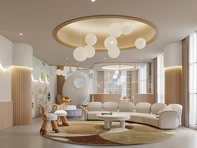 Kindergarten Interior With Circular Ceiling White Spherical Pendant Lights Soft Sofa And Round Coffee Table 3d model