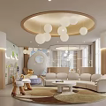 Kindergarten Interior With Circular Ceiling White Spherical Pendant Lights Soft Sofa And Round Coffee Table 3d model