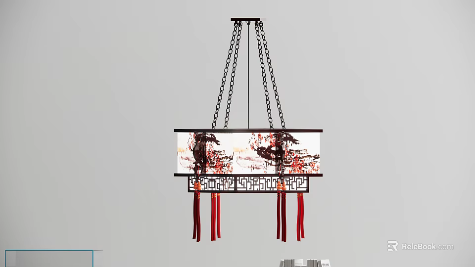Chinese Traditional Dragon Pattern Pendant Light With Red Tassels And Carved Frame 3d model 