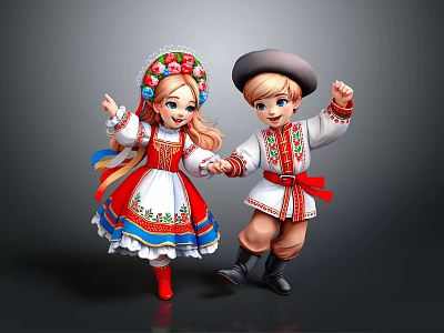 Kids In Traditional Folk Costumes With Floral Headdress Hat And Holding Hands 3d model
