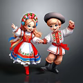 Kids In Traditional Folk Costumes With Floral Headdress Hat And Holding Hands