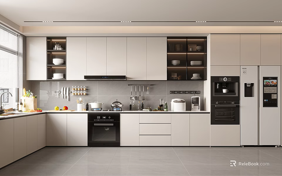 Modern Kitchen Interior With White Cabinets Black Appliances Countertop Cooking Utensils And Fresh Fruits 3d model 