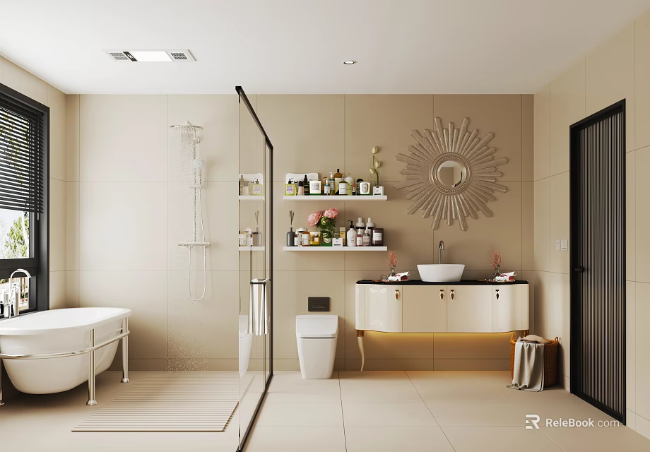 Modern Bathroom Interior With Beige Tiles Glass Shower Freestanding Bathtub And Sunburst Mirror 3d model 