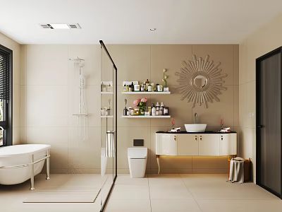 Modern Bathroom Interior With Beige Tiles Glass Shower Freestanding Bathtub And Sunburst Mirror 3d model