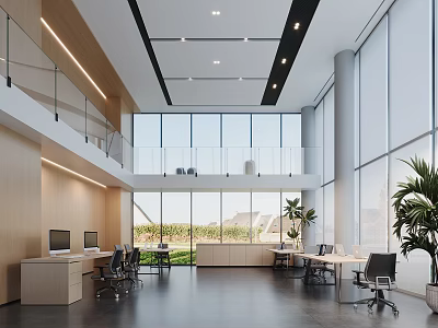 Bright Modern Open Office With High Ceilings Large Floor To Ceiling Windows And Comfortable Workstations 3d model