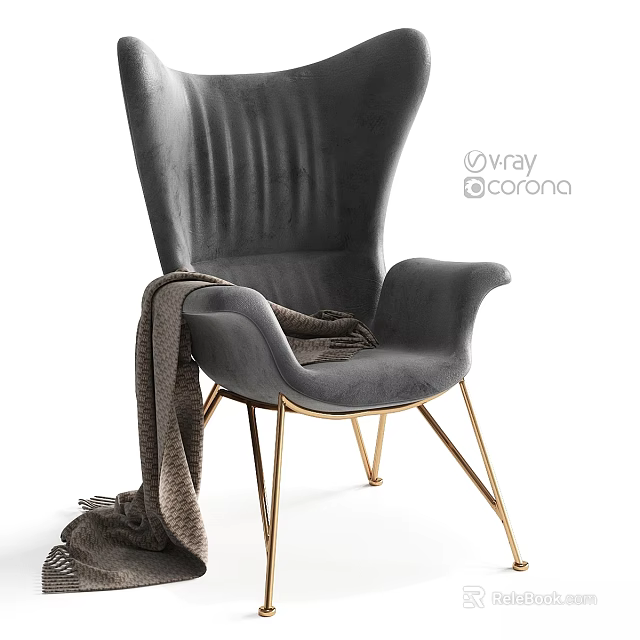 Gray Velvet Wingback Accent Chair With Gold Metal Legs And Draped Blanket 3d model 