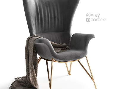 Gray Velvet Wingback Accent Chair With Gold Metal Legs And Draped Blanket 3d model