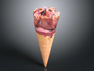 Delicious Purple Ice Cream in Waffle Cone with Red Topping and Crunchy Bits 3d model