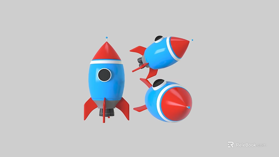 Three Colorful Cartoon Style Rocket Toys With Blue Red And White Stripes 3d model 