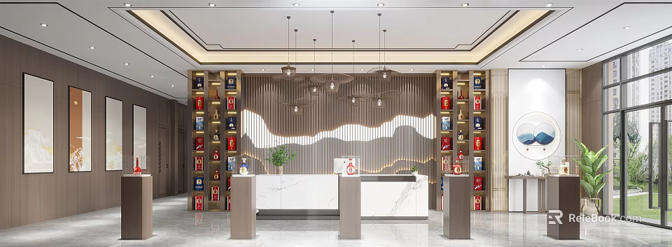 Modern Tobacco and Alcohol Store with Marble Counter Wavy Design Backdrop Shelves Hanging Lights 3d model 
