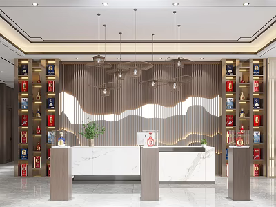 Modern Tobacco and Alcohol Store with Marble Counter Wavy Design Backdrop Shelves Hanging Lights 3d model