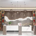 Modern Tobacco and Alcohol Store with Marble Counter Wavy Design Backdrop Shelves Hanging Lights