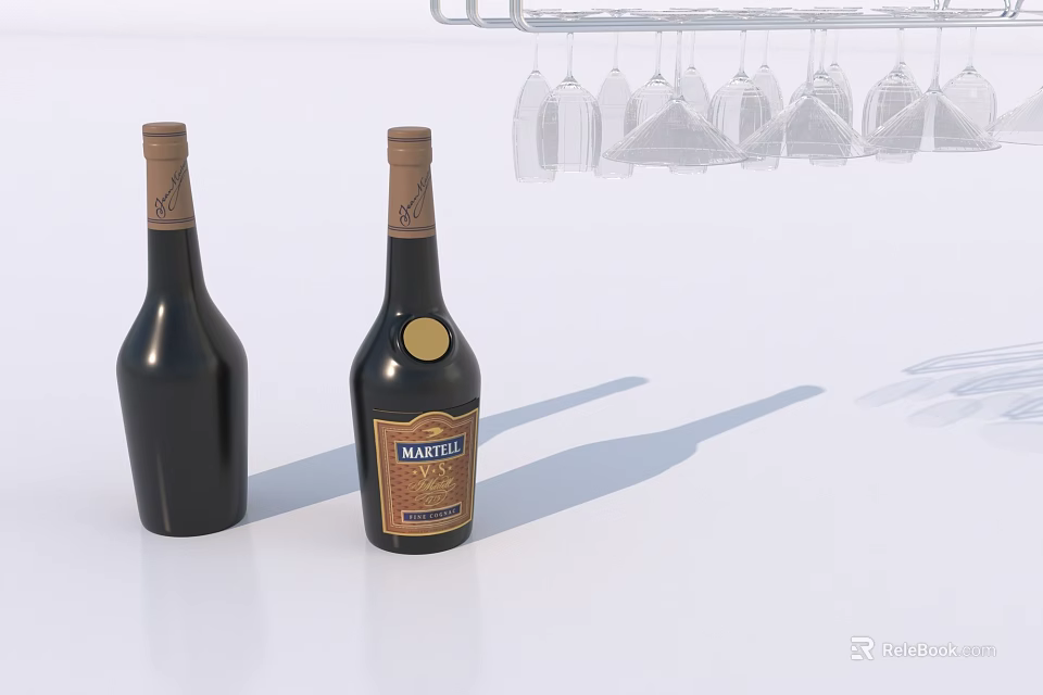 Two Dark Wine Bottles with Hanging Wine Glasses on Display Rack 3d model