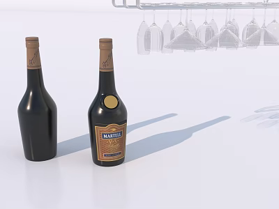 Two Dark Wine Bottles with Hanging Wine Glasses on Display Rack 3d model
