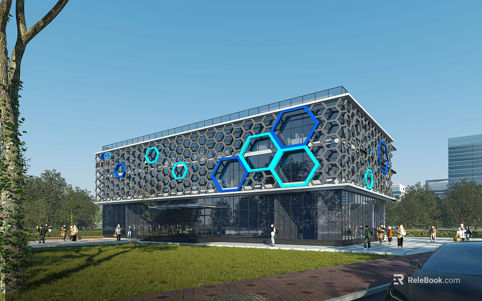 Modern Office Building With Hexagonal Glass Facade And Blue Turquoise Design Elements 3d model