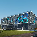 Modern Office Building With Hexagonal Glass Facade And Blue Turquoise Design Elements 3d model