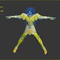 Blue Haired Anime Game Character In Yellow Armor Posing On Dark Reflective Surface