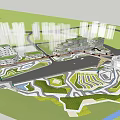 Bird's Eye View Urban Planning with Modern Skyscrapers Curved Buildings Road Interchange and Green Spaces