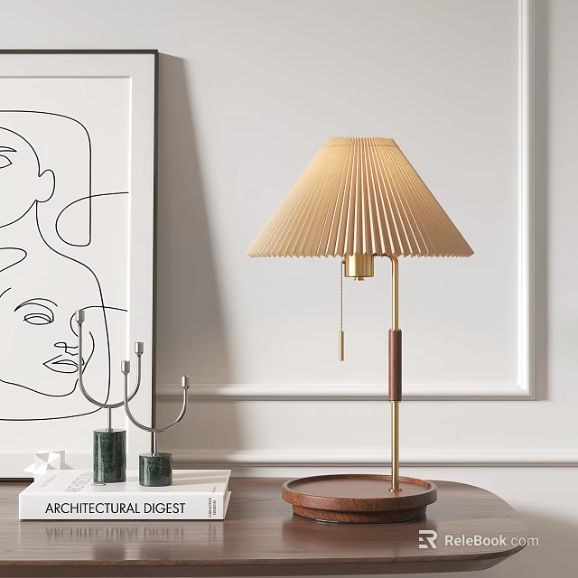 Modern Table Lamp With Pleated Beige Lampshade Golden Pole Wooden Base On White Wall Background 3d model 