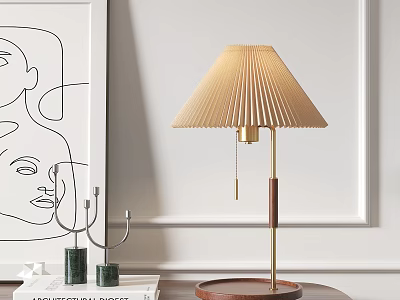 Modern Table Lamp With Pleated Beige Lampshade Golden Pole Wooden Base On White Wall Background 3d model