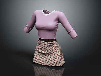Purple Fitted Long Sleeve Round Neck Top With Plaid Pattern Skirt And Buttons 3d model