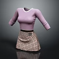 Purple Fitted Long Sleeve Round Neck Top With Plaid Pattern Skirt And Buttons