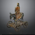 Traditional Wooden Cart Sculpture With Donkey Riding Figure And Wheels