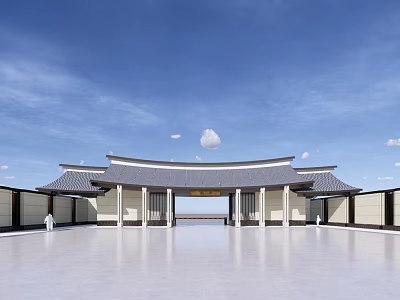Traditional Chinese Entrance Gate With Classic Roof And Spacious Courtyard Under Blue Sky 3d model