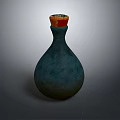 Blue Green Ceramic Vase With Red Yellow Decorative Rim And Pear Shaped Body